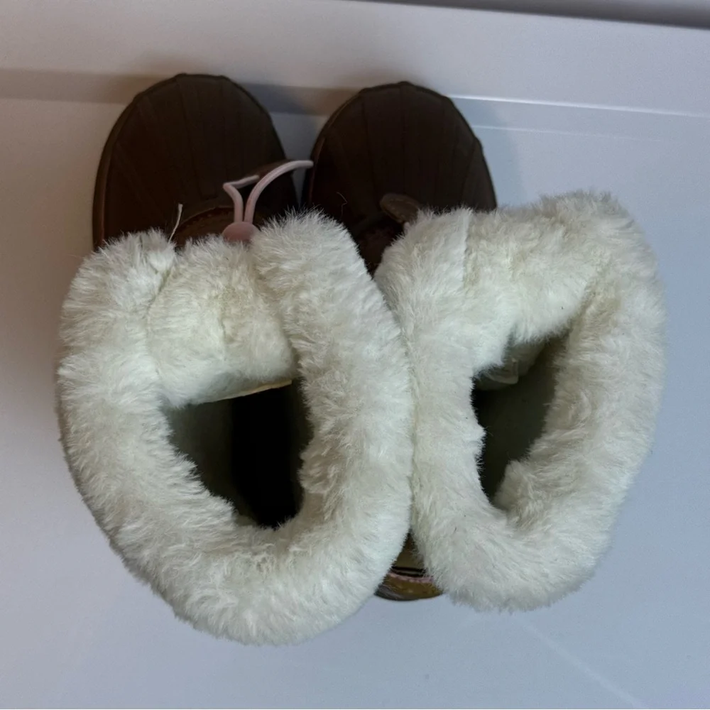 London Fog Kids Brown SnowBoots‎ w/ Pink Accents sz 2 Faux Fur Winter Outdoor